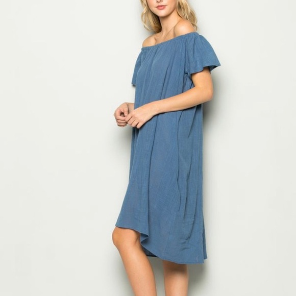🌸2/$30🌸 Blue Ruffle-Sleeve Off-Shoulder Midi Shift Dress - Picture 2 of 3